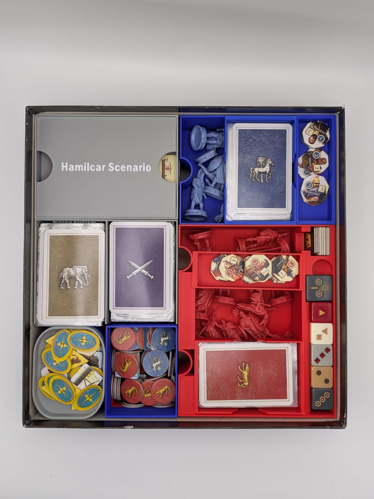 Complete modular insert for Hannibal & Hamilcar, with color-coded boxes for generals and tokens, stackable trays, and dedicated card storage.