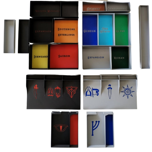 3D printed game organizer for War of the Ring, with color-coded trays and card holder