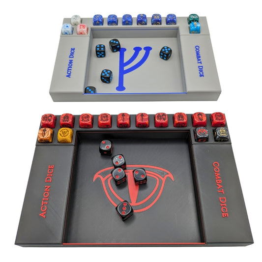 Dice Command Boards for War of the Ring, Shadow and Free Peoples versions displayed side by side, modular 3D-printed boards by Materia3D.