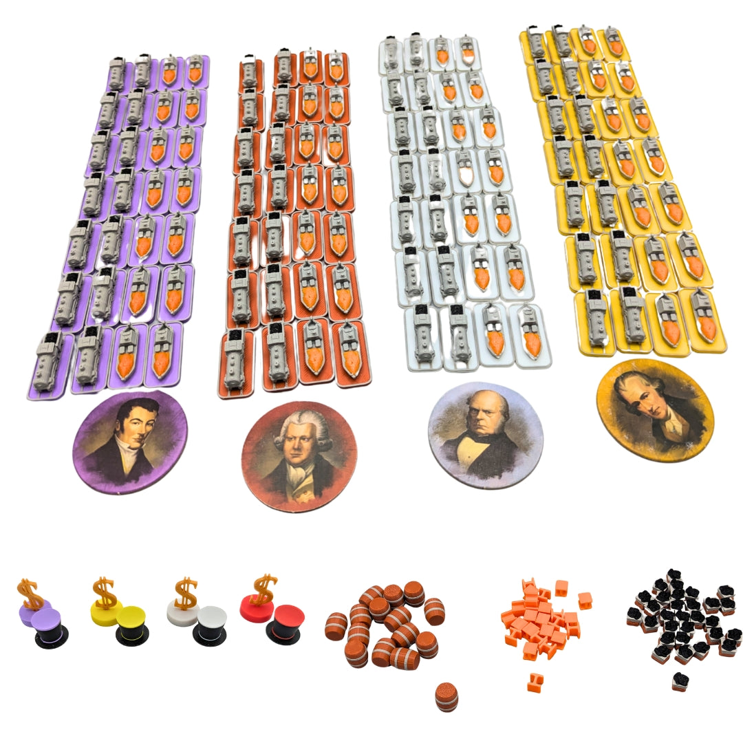 Complete upgrade kit for Brass Birmingham – VP markers, premium beer barrels, iron ingots, coal baskets, and multicolor trains & boats