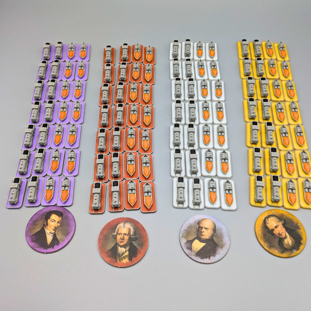 Brass Birmingham trains and boats – multicolor upgrade set with 14 trains and 14 boats per player, total 112 pieces
