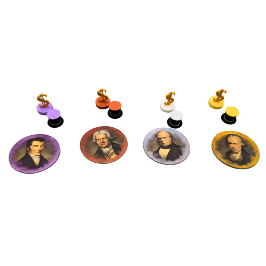 Brass Birmingham VP and Income markers – businessman hat tokens and golden dollar on player-colored bases (8-piece set)